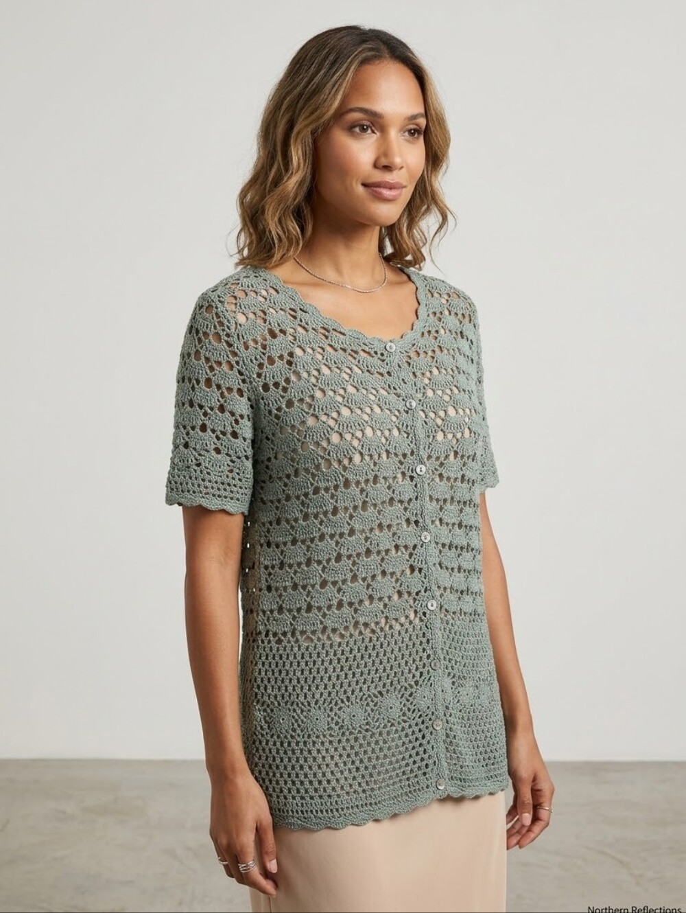 ​Northern Reflections Sage Green Open Crochet Knit Short Sleeve Cardigan Small